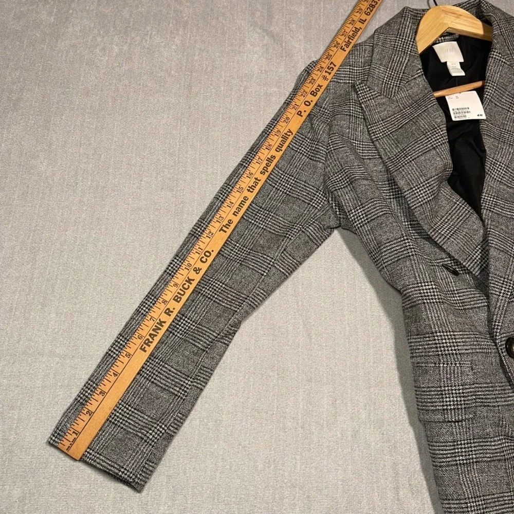 H&M Plaid Double Breasted Blazer Suit Jacket Women 14 Gray Black White NWT Heavy